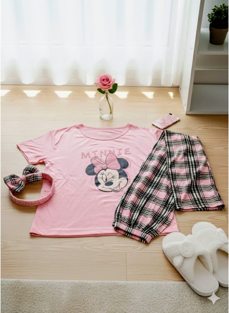 Women's Pink Pajama Set – Short Sleeve Tee & Plaid Pants, Soft Cotton Sleepwear - Image 2